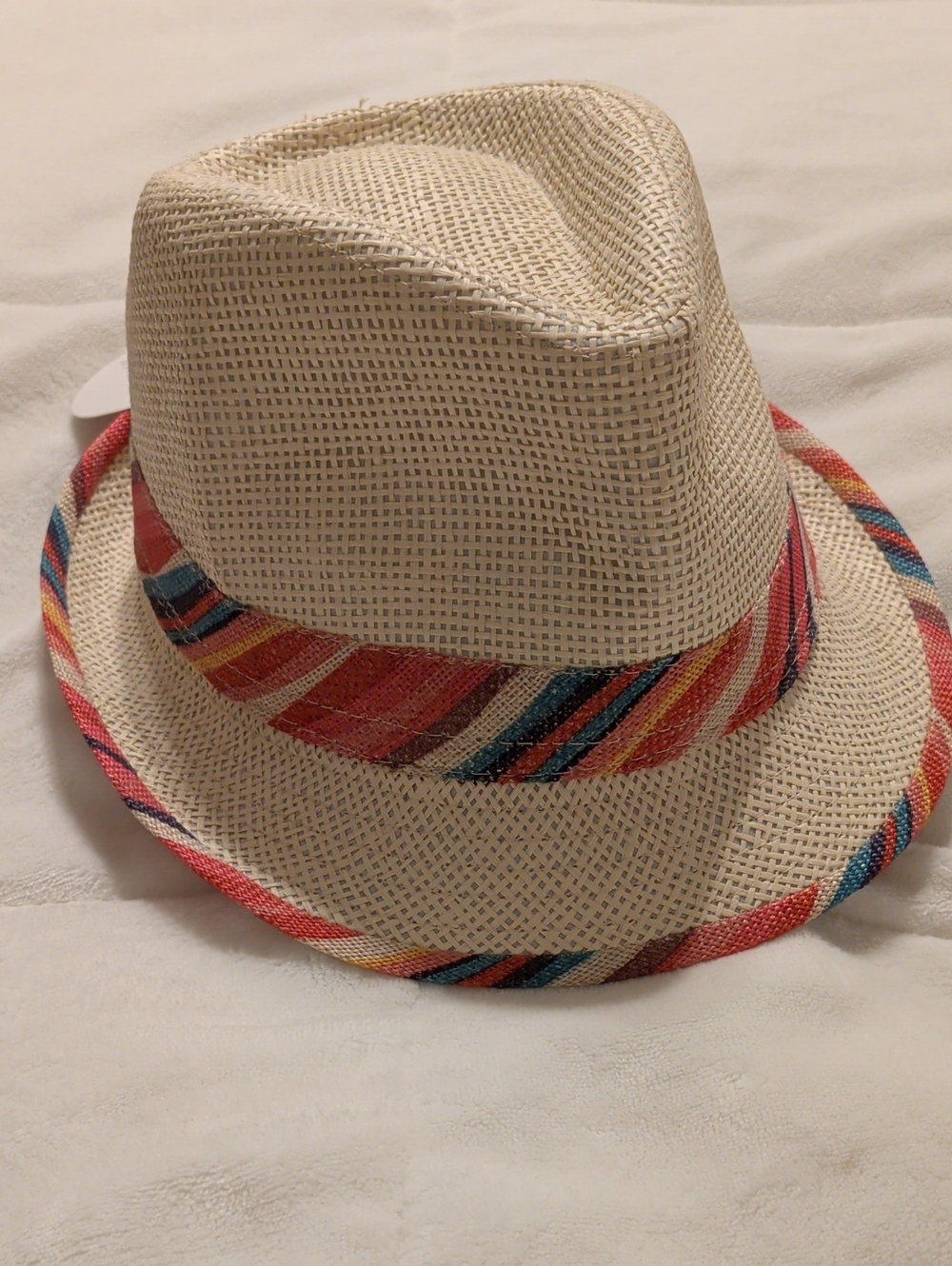 AND Straw Fedora Hat with Multicolor Stripe Band (Beige, Red, Blue, Yellow)